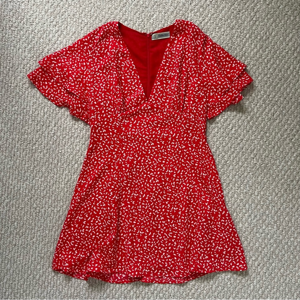 Red Cheetah Print Empire Waist Ruffle Sleeve Dress
